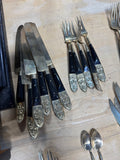 108-Piece Vintage Siam Thailand Buddha Teak & Nickel Bronze Flatware Set in 2-Tier Pagoda Style Wooden Box