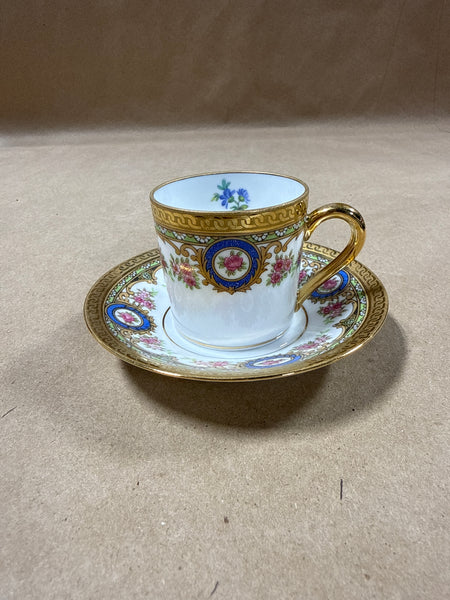 (A) Legle Limoges France Pink Roses Teacup And Saucer — Blue Inner Flower