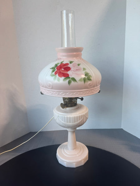 Aladdin Lincoln Drape Pink Alacite Floral Converted Oil Lamp (WORKS)