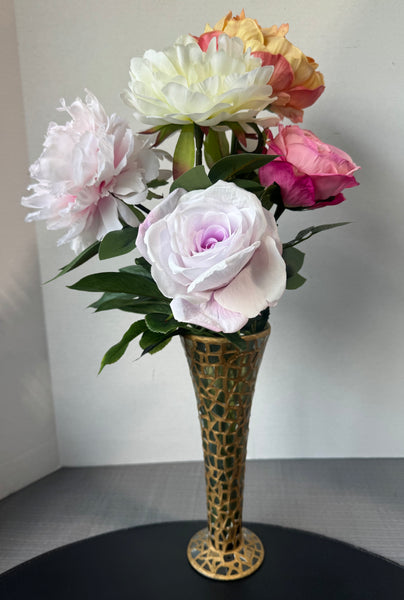Green & Gold Glass Mosaic Vase with Faux Florals