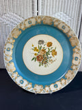 Turquoise Floral Tole Style Vintage Metal Tray