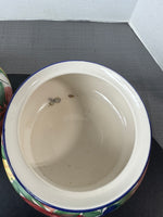 Pair of Hand Painted Fruit Motif Round Stoneware Lidded Canisters
