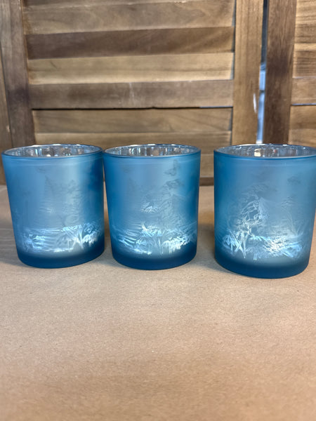Set Of 3 Frosted Blue Floral And Butterfly Tea Light Candle Votives With Battery Operated Tea Light Candles By Valerie Parr Hill // 2 Sets Available // *** PRICED INDIVIDUALLY ***