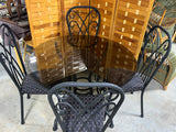 Glass Top Dining Set: Round Table with Metal Base/Tinted Glass and (4) Metal Chairs