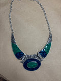 Silver Necklace with Blue & Green Enameled Bib
