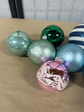 Glass Ornament Lot, 9 pc, blue/pink/green tones
