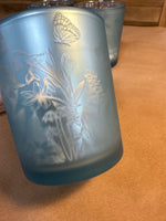 Set Of 3 Frosted Blue Floral And Butterfly Tea Light Candle Votives With Battery Operated Tea Light Candles By Valerie Parr Hill // 2 Sets Available // *** PRICED INDIVIDUALLY ***
