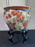Chinese Floral Birds Ceramic Koi Fishbowl Planter on Wooden Stand