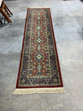 Wilton Runner D, rust/blue/cream tones, 104"x28"