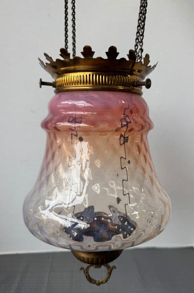 Victorian Opalescent Optic Cranberry & Brass Hanging Lantern