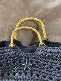 Black Cappelli Seagrass Straw Handbag With Starfish Emblem And Bamboo Style Handles