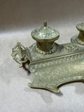 Ornate Brass Desktop Double Inkwell Set - Made In Belgium // READ DESCRIPTION