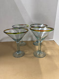 Mexican Hand Blown Glass With Confetti Rim Margarita Glasses And Pitcher — 5 Pieces