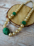Faux Champagne Pearl & Carved Green Stone Vintage Necklace