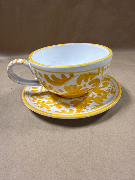 (A) Yellow Hand Painted Soup Bowl With Plate — Made In Italy
