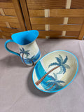 Enameled Palm Tree Pitcher And Oval Serving Bowl
