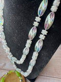 2-Piece Tropical Set: Long Iridescent Plastic Beaded Necklace with Lime Stretch Bracelet