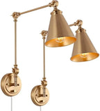 Pair of Brass Swing Arm Adjustable Plug In Wall Sconce Style Lamps (WORKS)