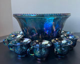 25-Piece Indiana Glass Blue Iridescent Carnival Glass Princess Punch Bowl Set in Box