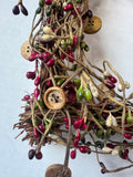 Primitive Style Faux Berries & Buttons Heart Wreath