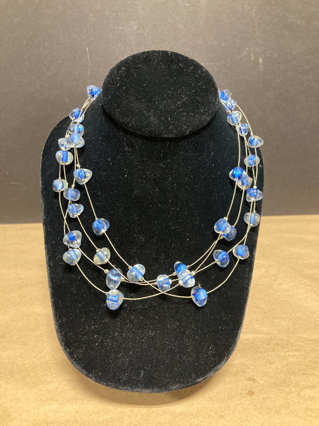 Wire Necklace with White and Blue Charms