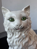 Large Vintage White Ceramic Persian Cat with Green Eyes