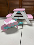 Children’s Doll Size Wooden Picnic Table and Wheelbarrow