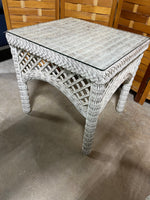 White Wicker & Glass End Table