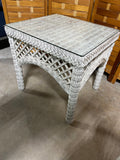 White Wicker & Glass End Table