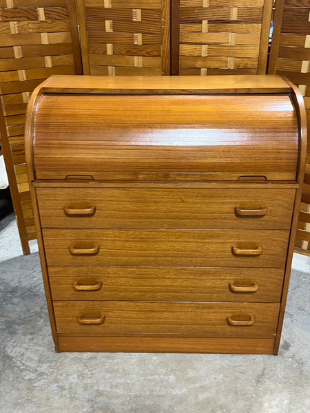 Teak Veneer Mid Century Modern Style Roll Top Desk ***HEAVY ITEM*** READ DETAILS ON PICK UP POLICY***