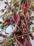 Primitive Style Faux Berries & Buttons Heart Wreath