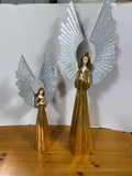 Pair Of Tall Geometric Gold Angels With Silver Tin Wings
