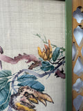 (A) Vintage Asian Silk Bird with Flowers Painting in Wooden Cut Out Frame