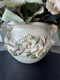 Faux Peony Arrangement in Magnolia Embossed Ceramic Planter