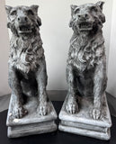 Pair of Plaster Gargoyle Style Wolf Garden Sculptures or Halloween Decor