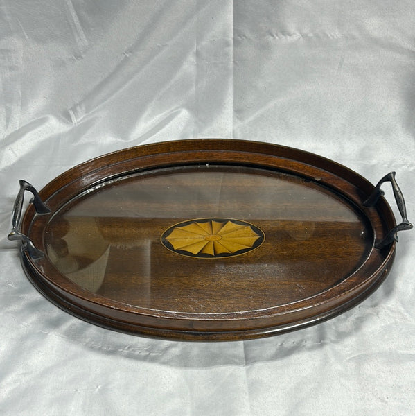 Vintage Mahogany Wooden Serving Tray w/Walnut Inlay