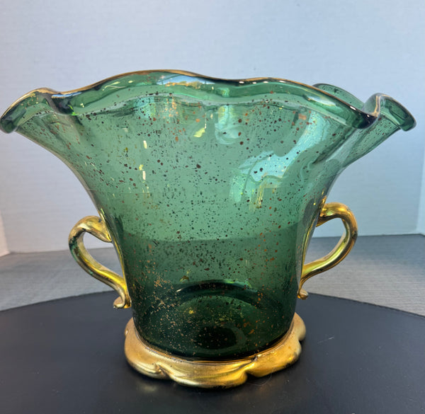 Vidreos San Miguel Style Green Glass Dual Handled Vase with Gold Accents