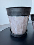 Pair of India Metal & Faux Wood Plank Planters with 1 Saucer