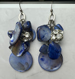 Blue Dyed Shell & Rhinestone Accented Silver Tone Cluster Drop Earrings