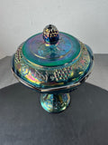 Indiana Blue Carnival Glass Harvest Grape Covered Compote