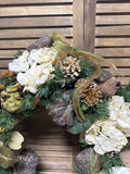 Rustic Woodland Wreath – With Cream Flowers, Pinecones & Greenery