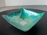 Blue & Green Swirl Reverse Painted Decorative Square Glass Bowl
