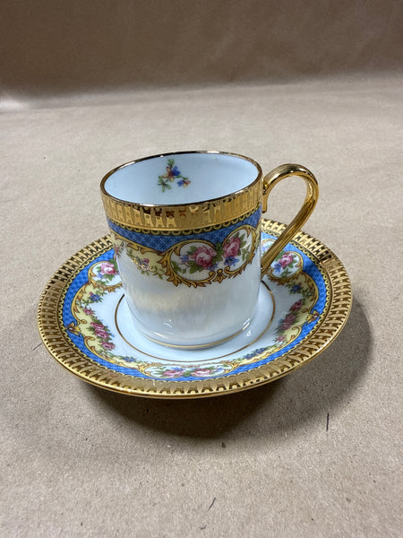 (D) Legle Limoges France Tea Cup And Saucer — Inner Multi Color Flowers
