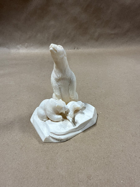 Stone Mama And Baby Polar Bear With Seal