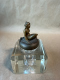 Glass And Brass Art Nouveau Ink Well With Woman