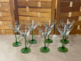 Clear Martini Glasses with Green Glass Stems, Set of 7