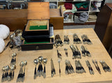 108-Piece Vintage Siam Thailand Buddha Teak & Nickel Bronze Flatware Set in 2-Tier Pagoda Style Wooden Box