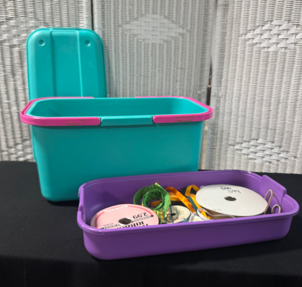 (B) Craftstor 2-Compartment Craft Storage Bin with Some Sewing Supplies