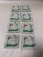 (A) Set Of 8 Handpainted Golfing Coasters On Carpet Samples