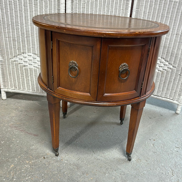 Vintage Round End Table with Cabinet & Casters
